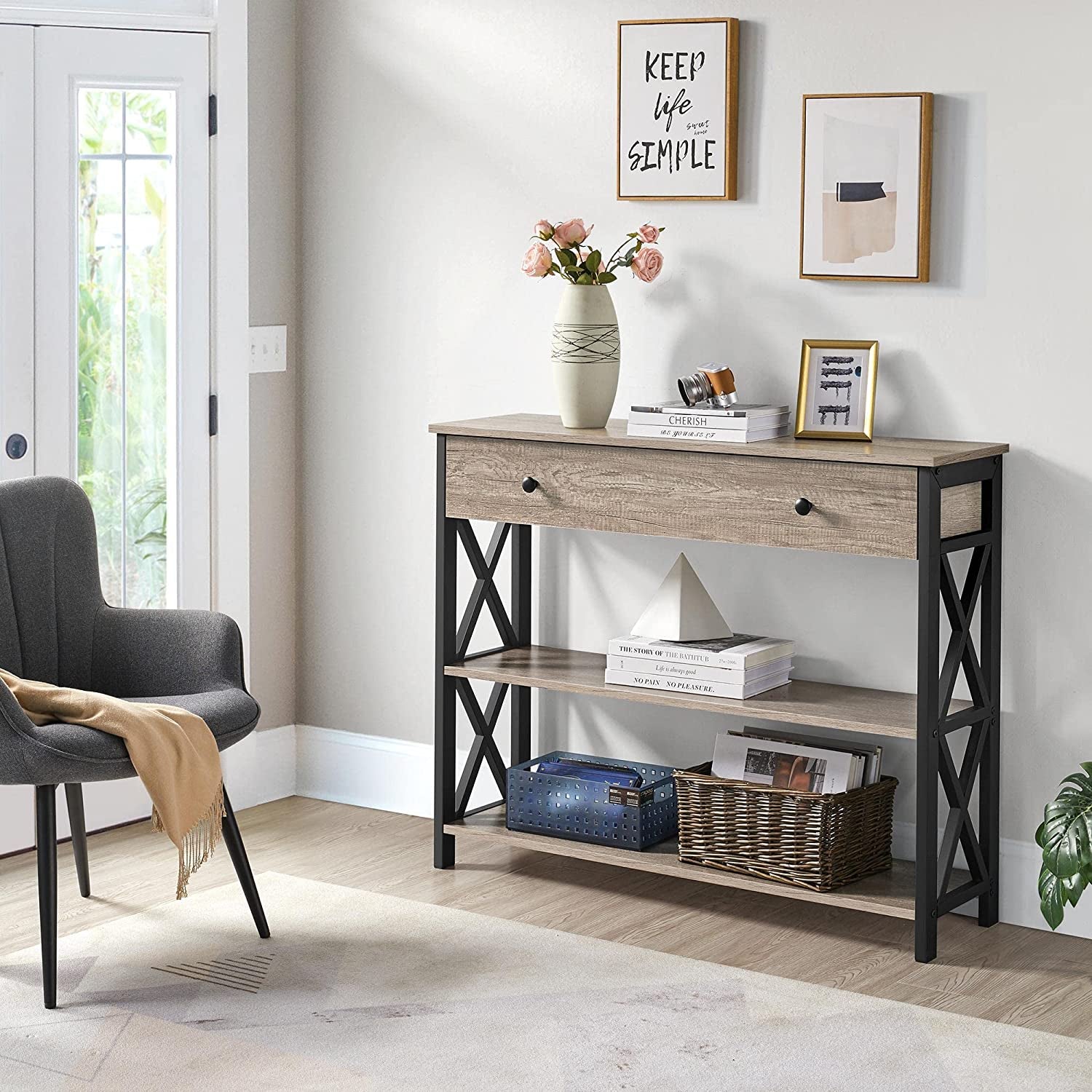 Console Table with Drawer, Entryway Table with 3 Tier Storage Shelves, Narrow Long Sofa Table for Entryway, Living Room, Hallway, Couch, Kitchen, Metal Frame, Gray